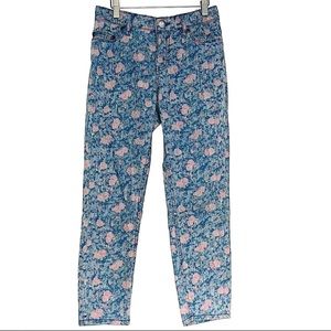 Mid-rise medium washed pink floral print jeans - Blue